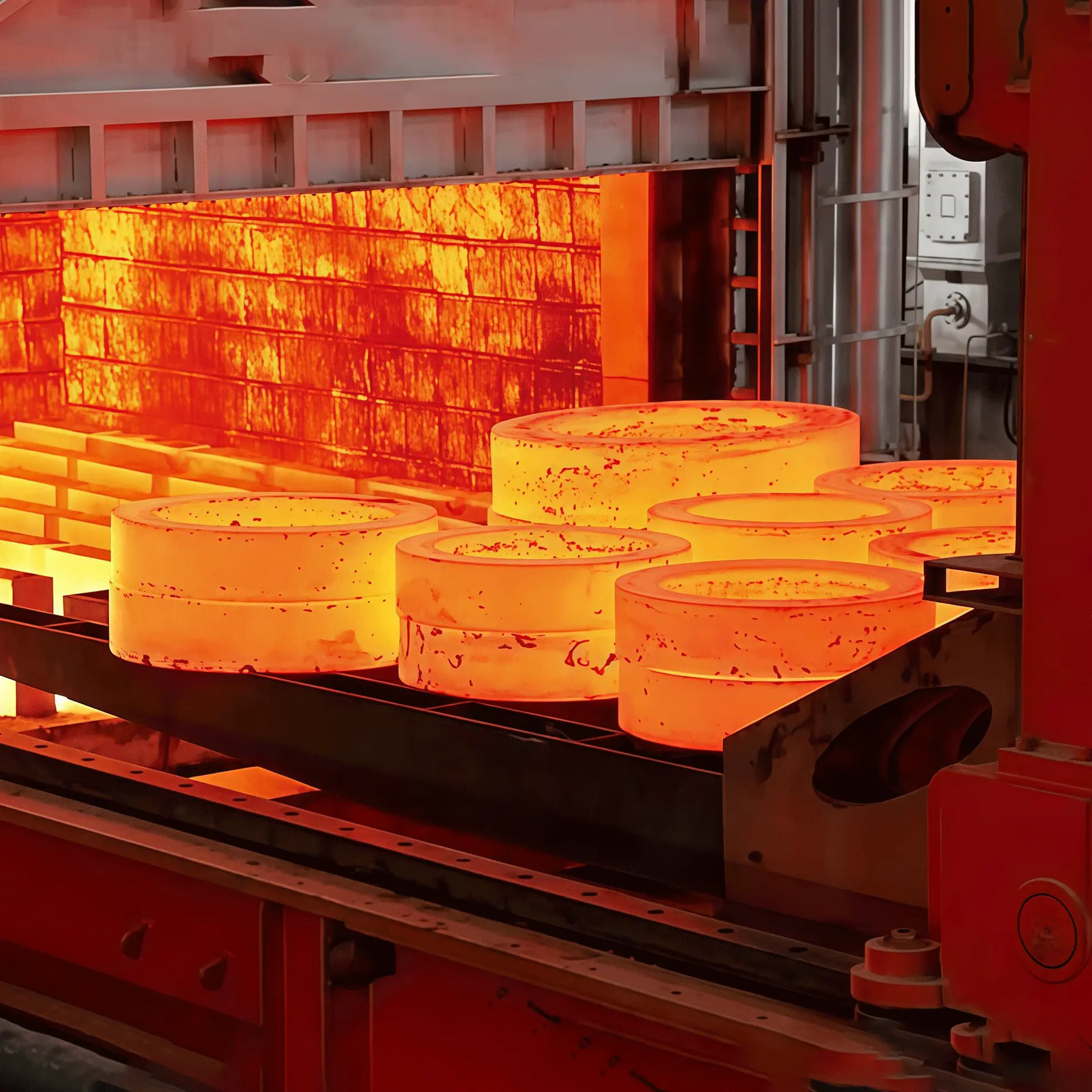 Heavy forged rings during heat treatment at Hongda